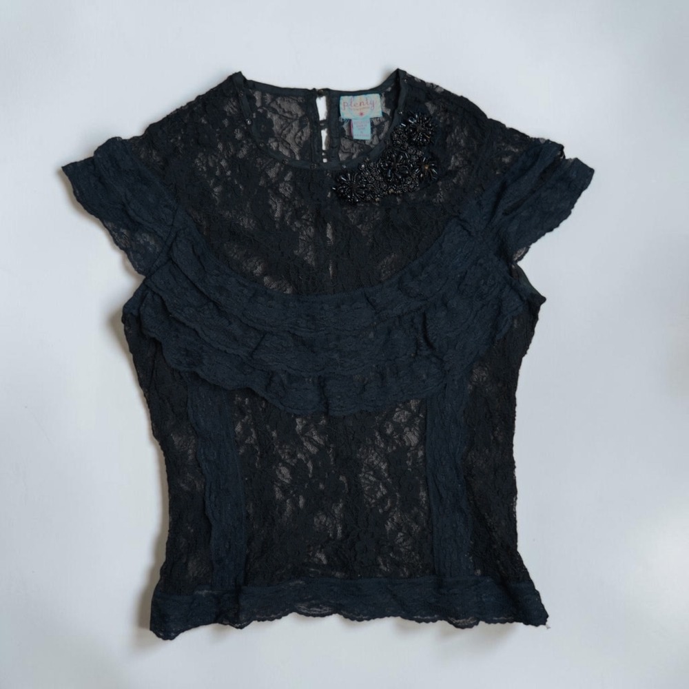Plenty by Tracy Reese Lace Blouse Beaded Ruffle Black Size 6 Goth Rare